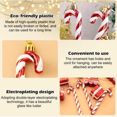 Confezione da 24 decorazioni natalizie a forma di bastoncino di zucchero - Decorazione da appendere all'albero di Natale - Decorazione per l'albero di Natale - Bastoncino di zucchero glitterato - Ross