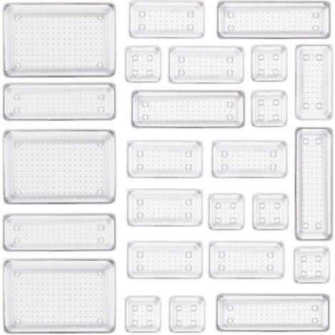 , confezione da 25 organizer trasparenti per cassetti, con 4 contenitori in plastica di diverse dimensioni, organizer per trucchi trasparente antiscivolo per bagno e cosmetici