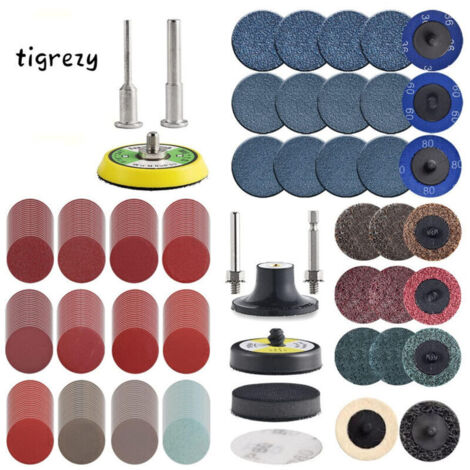 Confezione da 270 dischi abrasivi da 5 cm per trapani, smerigliatrici e utensili rotanti, con platorelli di supporto da 3,2 cm e 6,35 cm. I dischi abrasivi includono grane da 36 a 3000.