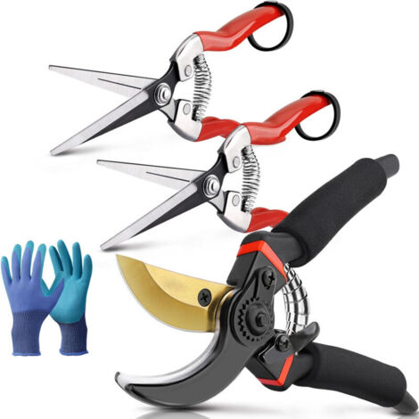 Confezione da 3 cesoie da potatura, cesoie da giardino, cesoie da giardino in acciaio inossidabile, cesoie da giardino, forbici da giardino, tagliasiepi da giardino, attrezzi da giardinaggio con guant