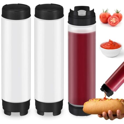 Confezione da 3 flaconi in plastica comprimibili con beccuccio ricaricabile, 473 ml, dispenser con valvola grande per spezie, salse, ketchup, panna acida, sciroppo, autosigillanti (neri)