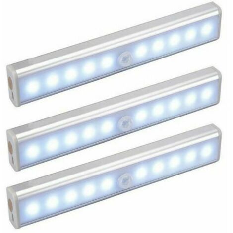 Confezione da 3 luci per armadio con sensore di movimento magnetico, ricaricabili tramite USB, da 10 LED, luce di emergenza portatile, luce notturna per bambini, luce di backup.