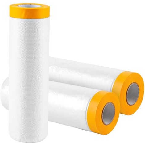 Confezione da 3 rotoli di pellicola protettiva con nastro adesivo, 270 cm x 20 m, pellicola protettiva trasparente in polietilene con retro giallo, per proteggere dalla polvere durante la tinteggiatur