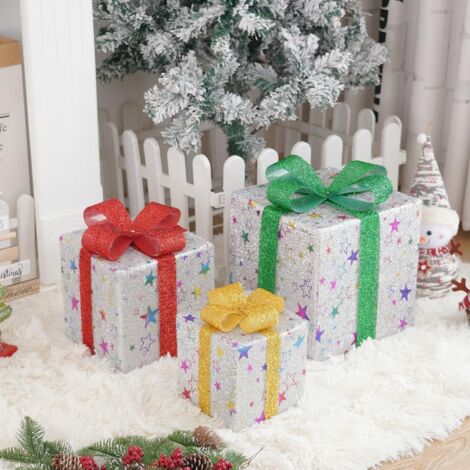 Confezione da 3 scatole luminose natalizie per nuovi prodotti, decorazioni natalizie con fiocco natalizio, scatole luminose a LED natalizie per esterni, decorazioni luminose natalizie con scatola per 
