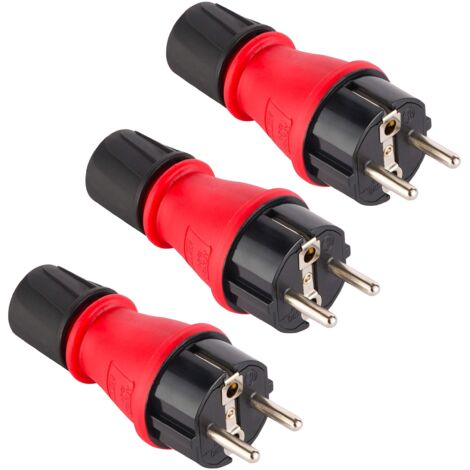 Confezione da 3 Spine Professionali Schuko, Protezione IP54, con Ghiera di Bloccaggio Cavo per Facilitare il Cablaggio, Rosso