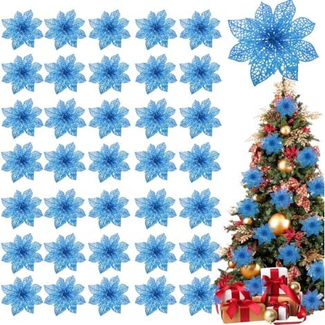 Confezione da 36 fiori di Poinsettia glitterati natalizi, fiori di seta artificiale da 4 pollici per ghirlande natalizie e decorazioni per le feste (blu navy)