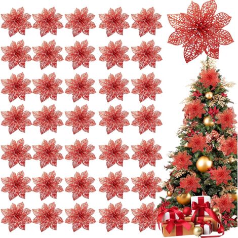 Confezione da 36 fiori di Poinsettia glitterati natalizi, fiori di seta artificiale da 4 pollici per ghirlande natalizie e decorazioni per le feste (rosso)