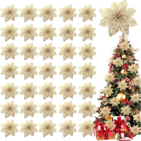 Confezione da 36 fiori di poinsettia glitterati natalizi, ornamenti di fiori di seta artificiale da 4 pollici per decorazioni di ghirlande natalizie (oro)