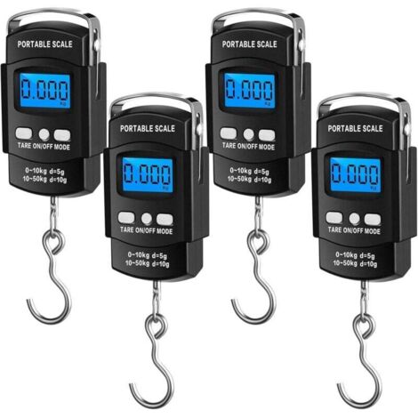 Confezione da 4 bilance digitali per pesci, capacità 50 kg, bilancia elettronica sospesa, con metro a nastro, gancio, display LCD retroilluminato
