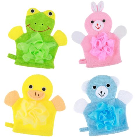 Confezione da 4 guanti da bagno esfolianti in luffa per bambini - Guanti da bagno esfolianti per il corpo - Sfere da doccia - Facili da insaponare - Simpatico motivo animale colorato