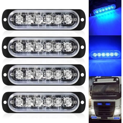 Confezione da 4 - Luce stroboscopica a 6 LED blu ultra sottile - Barra luminosa a LED Mini barra luminosa di emergenza 18 modalità lampeggianti 12 V-24 V per veicolo o camion universale