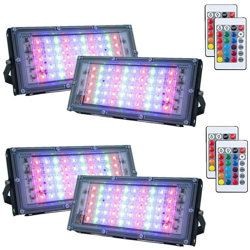 Paquete de 4 reflectores led rgb regulables para exteriores, IP66 resistente al agua con control remoto, 16 colores, 4 modos de iluminación para
