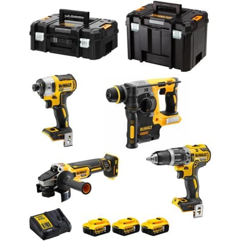 Confezione da 4 utensili XR DEWALT (Trapano - Avvitatore - Smerigliatrice - Perforatore) - 18V - 5Ah Li-Ion Brushless - con scatola T-STAK