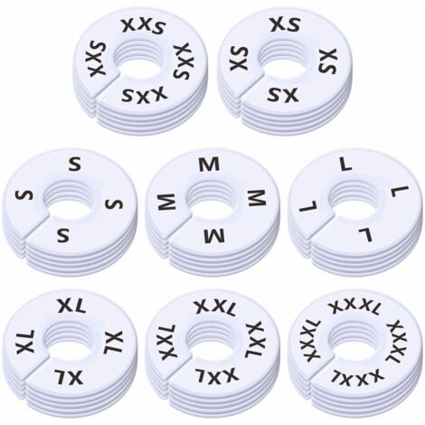 Confezione da 40 divisori rotondi in plastica bianca per vestiti, per ripiani di armadi, prestampati in 8 taglie XXS, XS, S, M, L, XL, XXL, XXXL (3,5" OD, 1,38" ID)