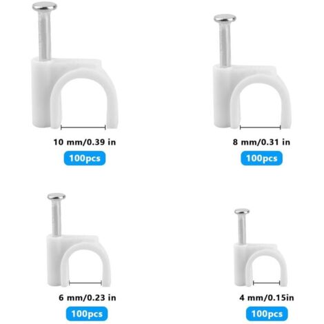 Confezione da 400 clip rotonde bianche per cavi - Clip per la gestione dei cavi - Clip da parete per cavi - 4 mm, 6 mm, 8 mm, 10 mm - Con chiodi in acciaio - Per la gestione di cavi TV ed Ethernet