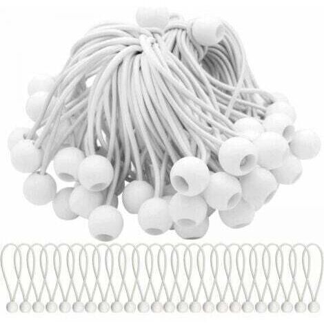 Confezione da 50 corde elastiche bianche da 150 mm, con pallina, ideali per tendoni, gazebo, striscioni e teloni.