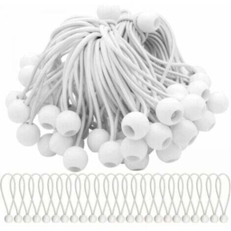 Confezione da 50 corde elastiche bianche da 150 mm, con pallina, ideali per tendoni, gazebo, striscioni e teloni.