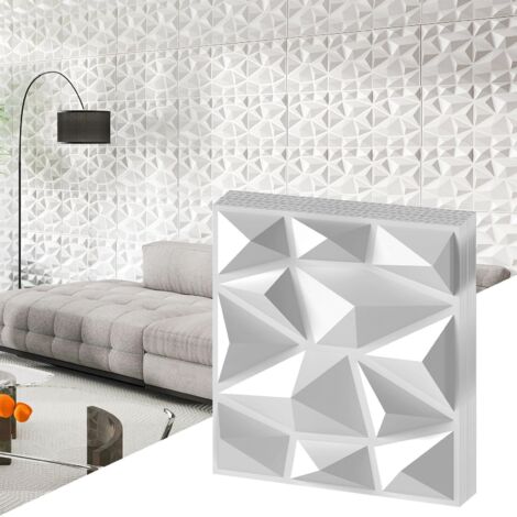 Confezione da 50 pannelli da parete quadrati 3D 30 x 30 cm, decorazione da parete per interni in PVC ignifugo con motivo a diamante per tagli creativi, bianco