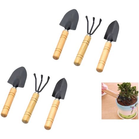 Confezione da 6 attrezzi da giardinaggio, spatola, rastrello e pala, manico in legno per piante in vaso, interni ed esterni, attrezzi per la sicurezza dei bambini