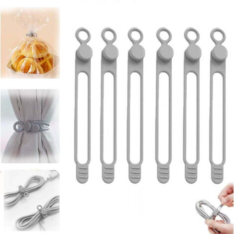 Confezione da 6 fascette elastiche in silicone riutilizzabili per organizzare e fissare cavi come quelli di auricolari e caricabatterie per cellulari (grigio).