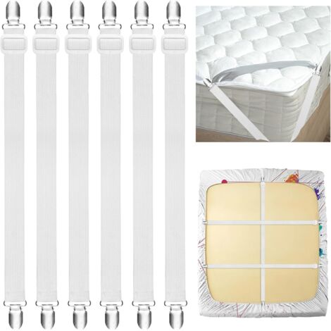 Confezione da 6 fermagli elastici regolabili da 250 cm con clip in metallo per lenzuolo con angoli, materasso, asse da stiro e divano, antipiega, bianco