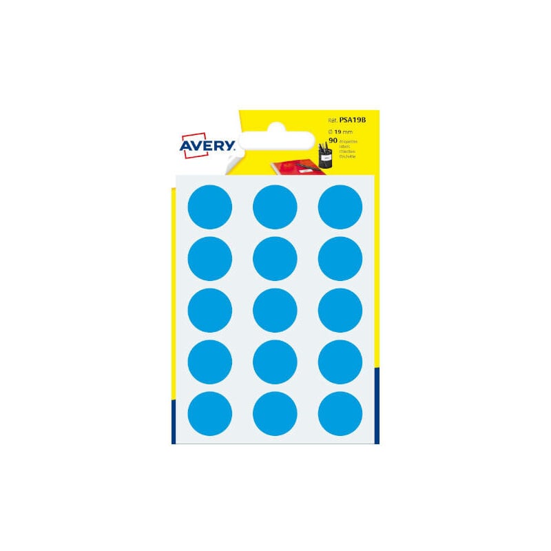 Image of Avery - Confezione da 6 fogli di etichette gommate blu rotonde di 19 mm di diametro psa19b