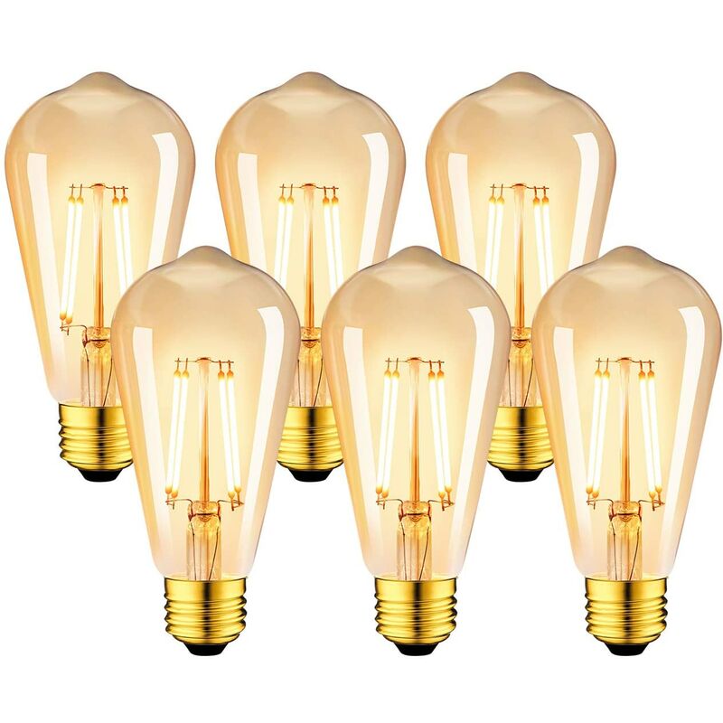 Image of Confezione da 6 lampadine led Edison Vintage E27 da 6W - Lampadina a filamento ST64 2200K bianco caldo - Equivalente a una lampadina a incandescenza