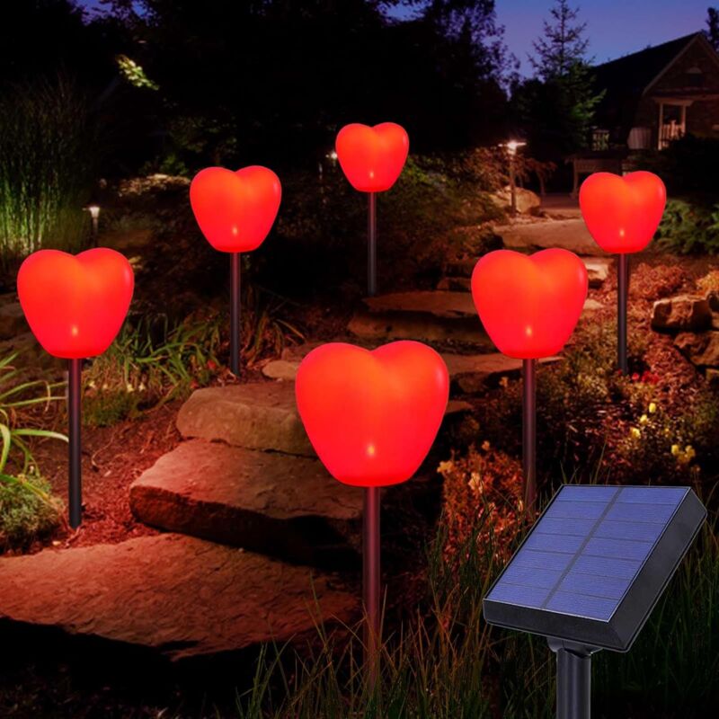 Image of Confezione da 6 luci solari solari per San Valentino a forma di cuore rosso, decorazione esterna impermeabile a forma di cuore per giardino,