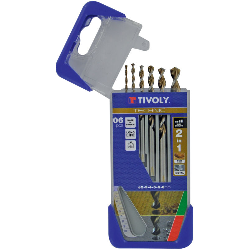 Tivoly - Confezione da 6 punte 2in1 legno-metallo hss ø da 2 a 8 mm