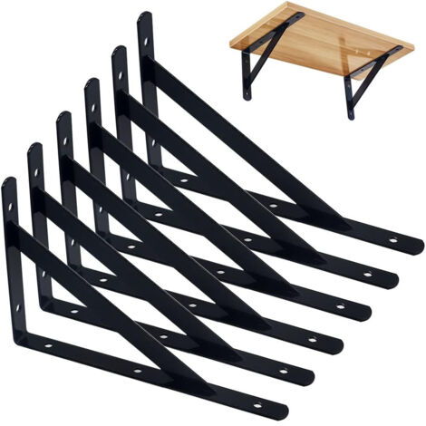 Confezione da 6 staffe da parete, treppiede robusto, supporto per mensola da parete, supporto per mensola a 90 gradi, 200 x 120 mm (nero)