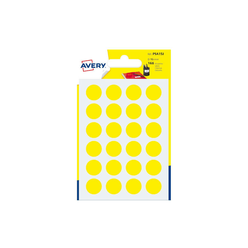 Image of Confezione da 7 fogli di adesivi rotondi gialli di 15 mm di diametro Avery psa15j