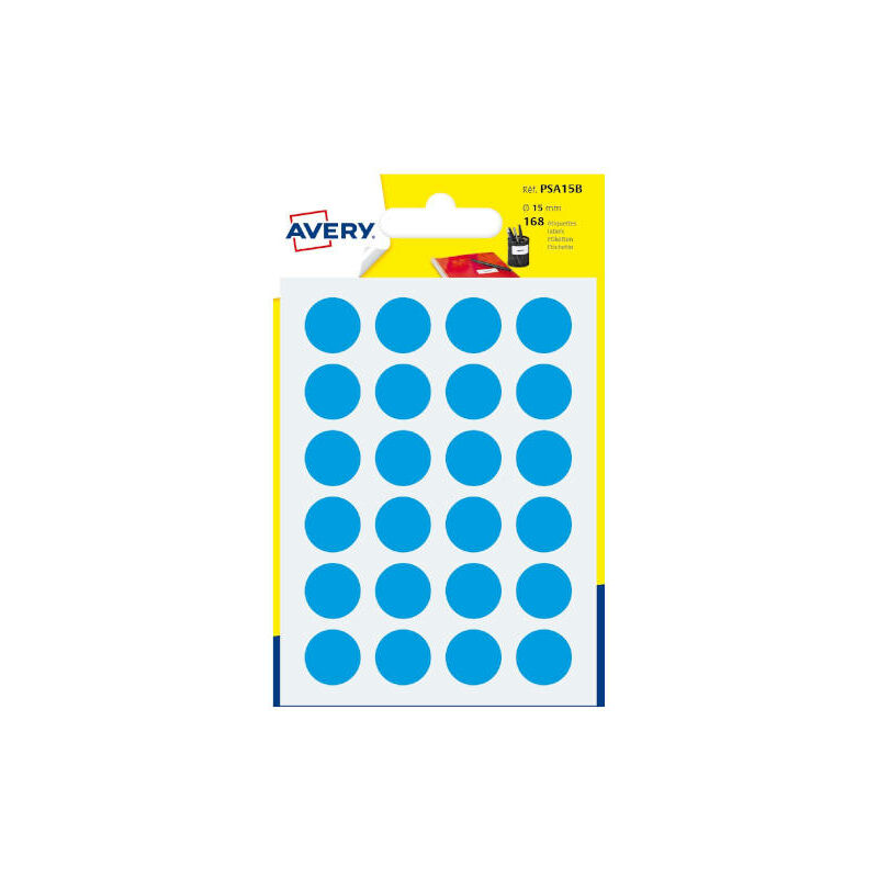 Image of Avery - Confezione da 7 fogli di etichette gommate blu rotonde con diametro di 15 mm psa15b