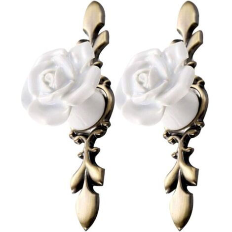 Confezione di pomelli in ceramica a forma di fiore, a forma di rosa vintage, maniglie per mobili, maniglie per ante di mobili da cucina, mobili (bronzo bianco)