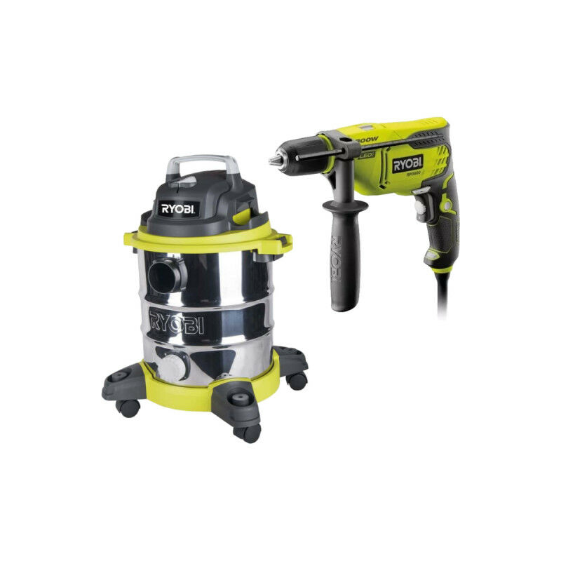 Image of Confezione RYOBI Aspirapolvere a umido/asciutto - 1250W - 20L - RVC-1220I-G - Trapano a percussione - 800W - RPD800K