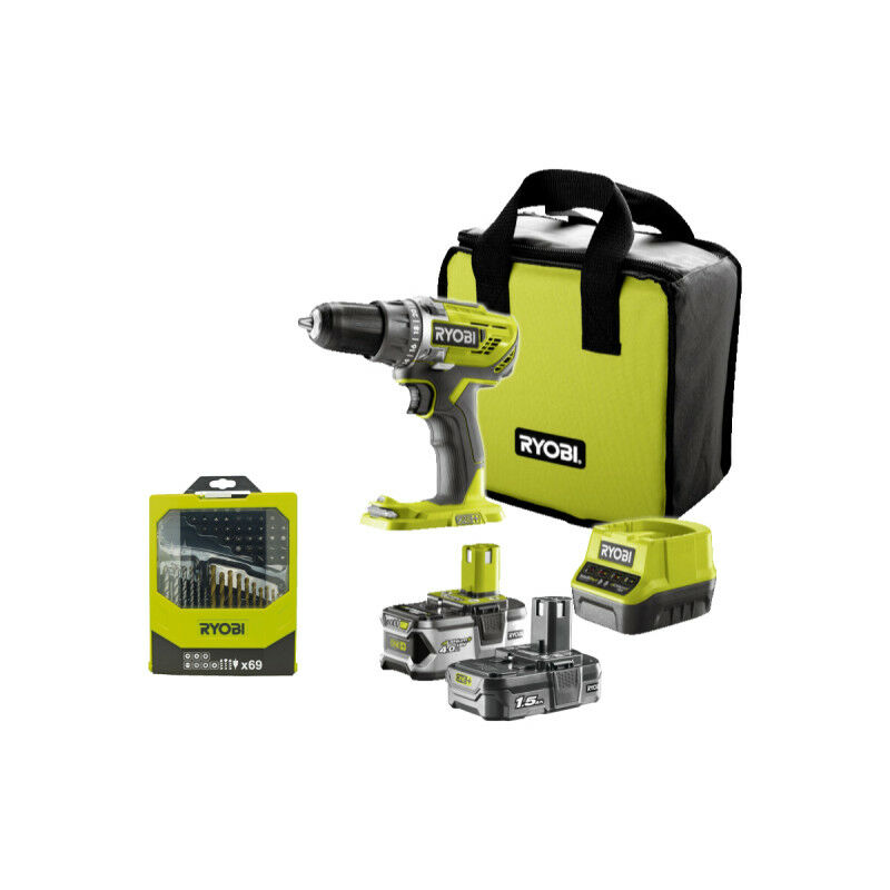 Image of Confezione RYOBI Drill-driver R18DD3-2415BS - 18V OnePlus - 2 batterie 4,0 Ah - 1,5Ah - Caricabatterie - Box 69 accessor