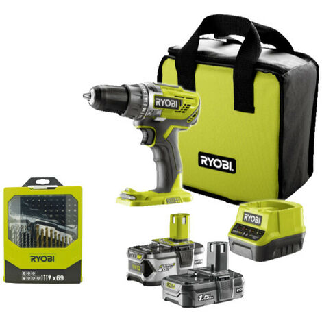 Confezione RYOBI Drill-driver R18DD3-2415BS - 18V OnePlus - 2 batterie 4,0 Ah - 1,5Ah - Caricabatterie - Box 69 accessor