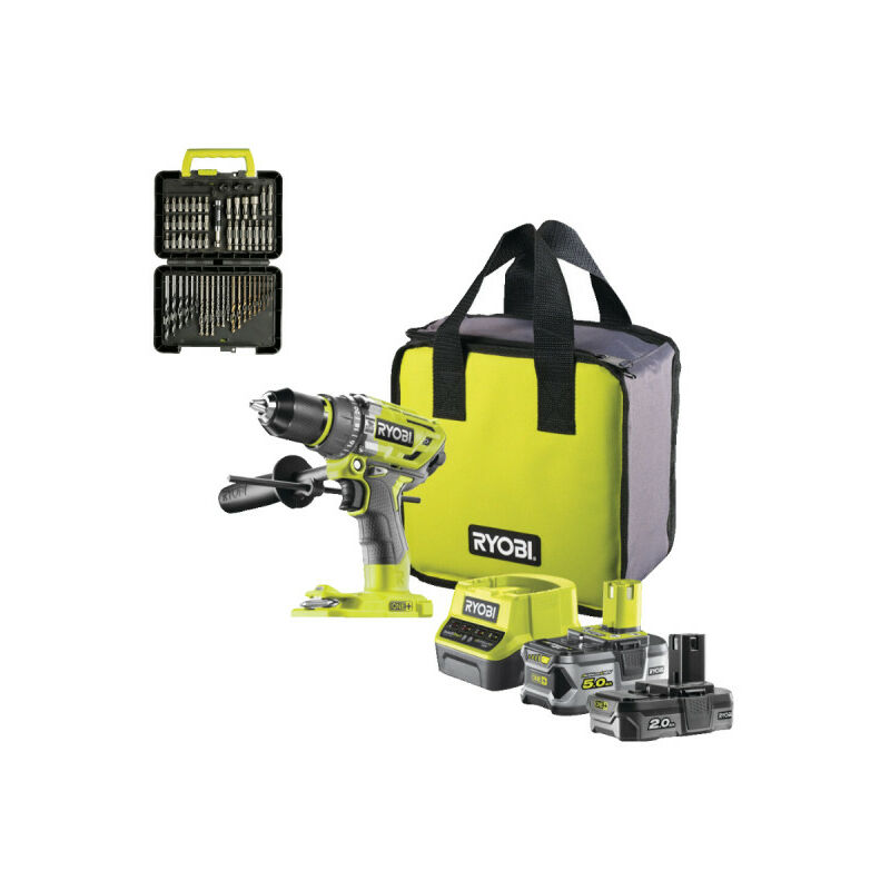 Image of Ryobi - Confezione R18PD7-252S Trapano a percussione senza spazzole - 2 batterie 5.0 - 2.0Ah - Caricabatterie - Set di 60