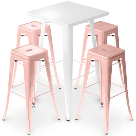 Confezione Tavolo sgabello bianco e confezione di 4 sgabelli da bar - Design industriale - Metallo - Nuova edizione - Bistrot Stylix Pastel orange