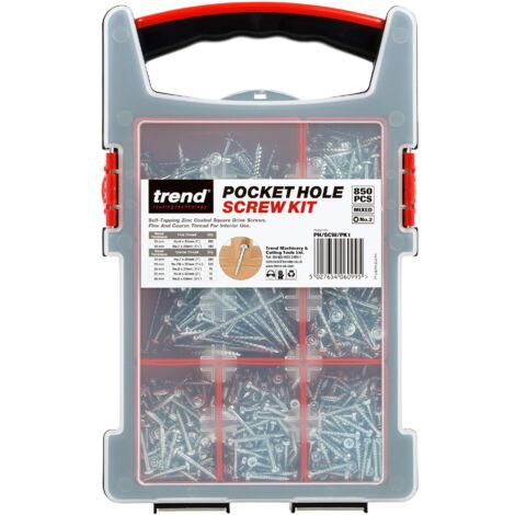 Confezione viti Trend Pocket Hole, confezione da 850 pezzi contenente una selezione di viti di varie lunghezze in una robusta valigetta di plastica, PH/SCW/PK1