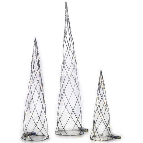 Coni silver argento con luci led bianco caldo set 3 mini alberi di natale addobbi decorazioni natalizi casa