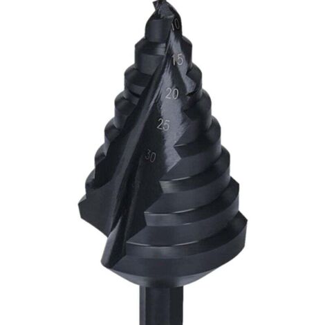 Conical broca scaled from HSS steel with titanium coating from 10 mm to 45 mm for aluminum, copper and stainless steel.