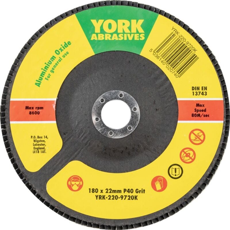 York - 180 x 22MM Conical Flap Discs, Aluminium Oxide - Fibre Backed P40