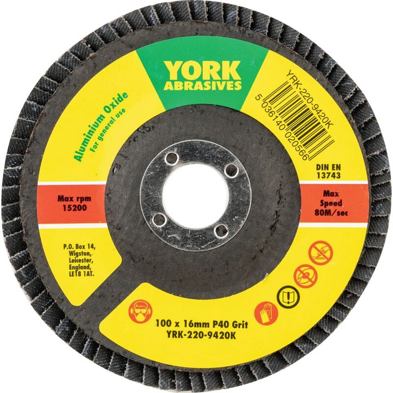 York - 100 x 16MM Conical Flap Discs, Aluminium Oxide - Fibre Backed P40