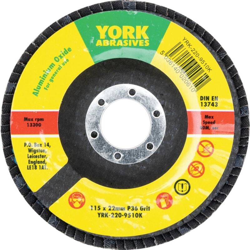 York - 115 x 22MM Conical Flap Discs, Aluminium Oxide - Fibre Backed P3- you get 5