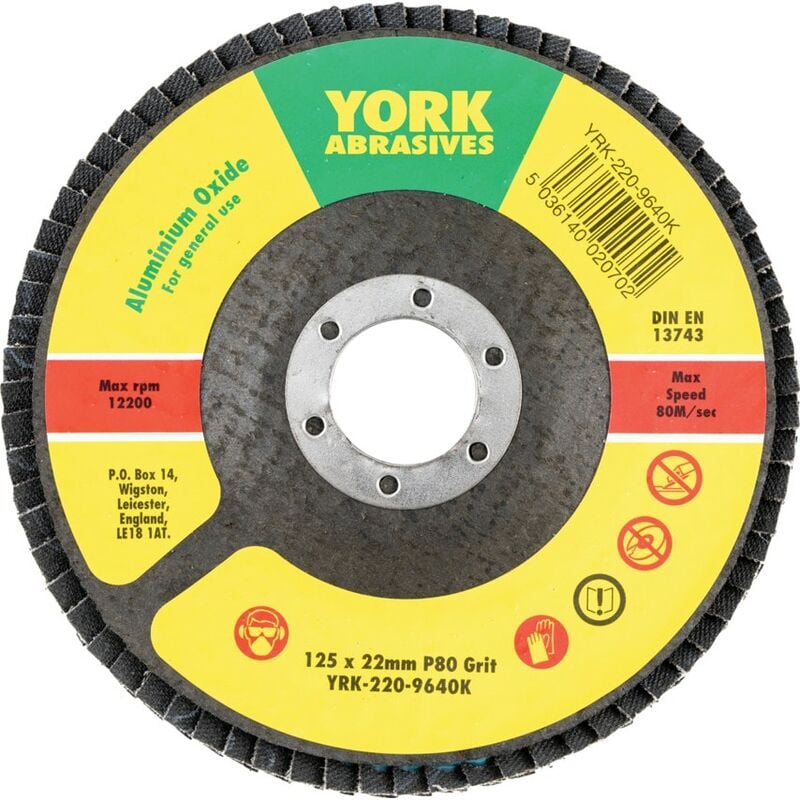 125 x 22MM Conical Flap Discs, Aluminium Oxide - Fibre Backed P8- you get 5 - York