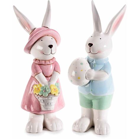 Conigli Decorativi per la Pasqua Set 2 di Conigli Pasquali in Ceramica Colorata Fatti a Mano Idea Regalo