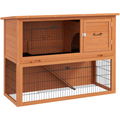 Conigliera in legno antisettico a 2 livelli con recinto esterno, 92 cm, arancione