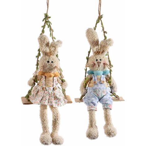 Coniglietti Pasquali su Altalena in Fibra Naturale, con Vestiti Addobbi per la Casa, Idea Regalo Set da 2