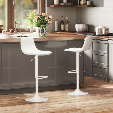 Conjunto 2 Taburetes Altos Ajustables 360° con Respaldo y Reposapiés para Cocina Bar o Comedor 40,5x44x84-104 cm Blanco