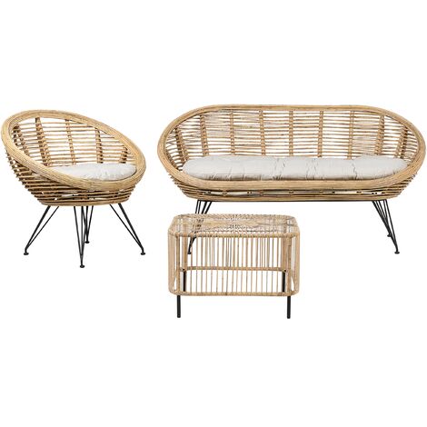 Conjunto 3 plazas con mesa de centro ratán sofá sillón boho beige claro cojín tela algodón resistencia media interior natural Maratea/Cesenatico